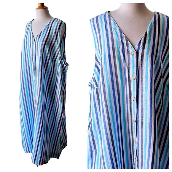 NWT Liz Claiborne Striped Blue White Linen Cotton Sleeveless Dress -3X - Picture 2 of 7